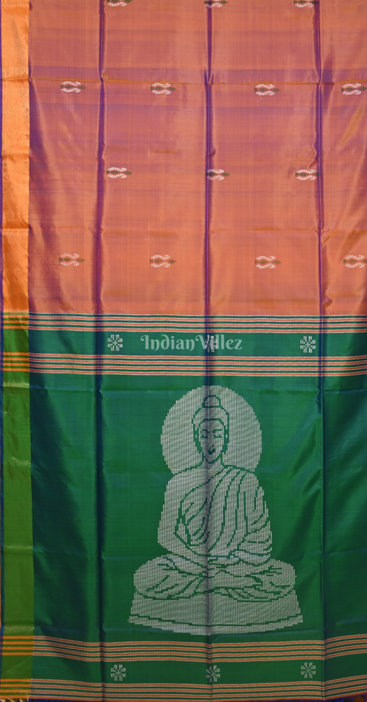 Rust Orange Green Pure Bishnupuri Silk Saree with Budha Tissue Anchal