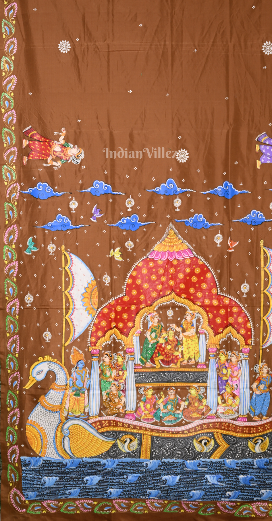 Copper Brown Boita Bandana Theme  Hand-Painted Pattachitra Saree 