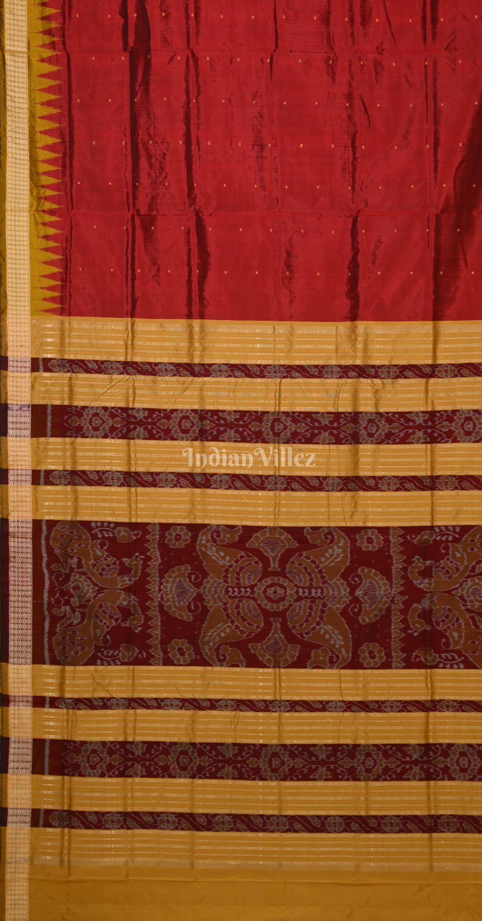 Maroon Mustard Yellow Buti Design Odisha Ikat Bomkai Silk Saree