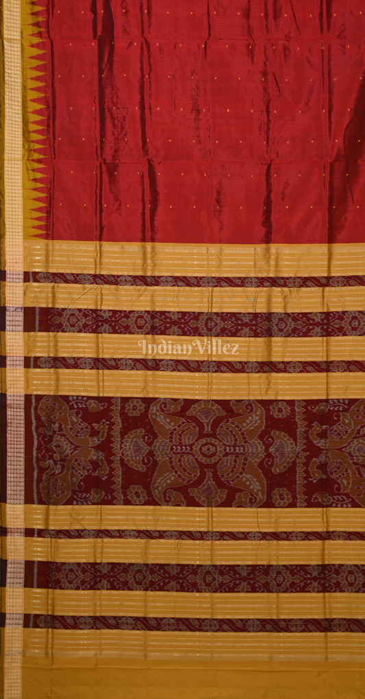 Maroon Mustard Yellow Buti Design Odisha Ikat Bomkai Silk Saree