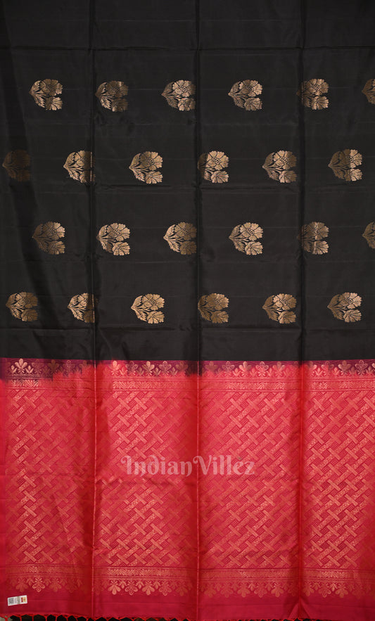 Black Red Pure Kanjivaram Soft Silk Saree 