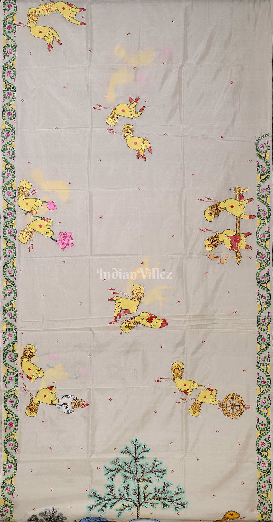 White Arjuna Bows to Navagunjara Hand-Painted Pattachitra Saree