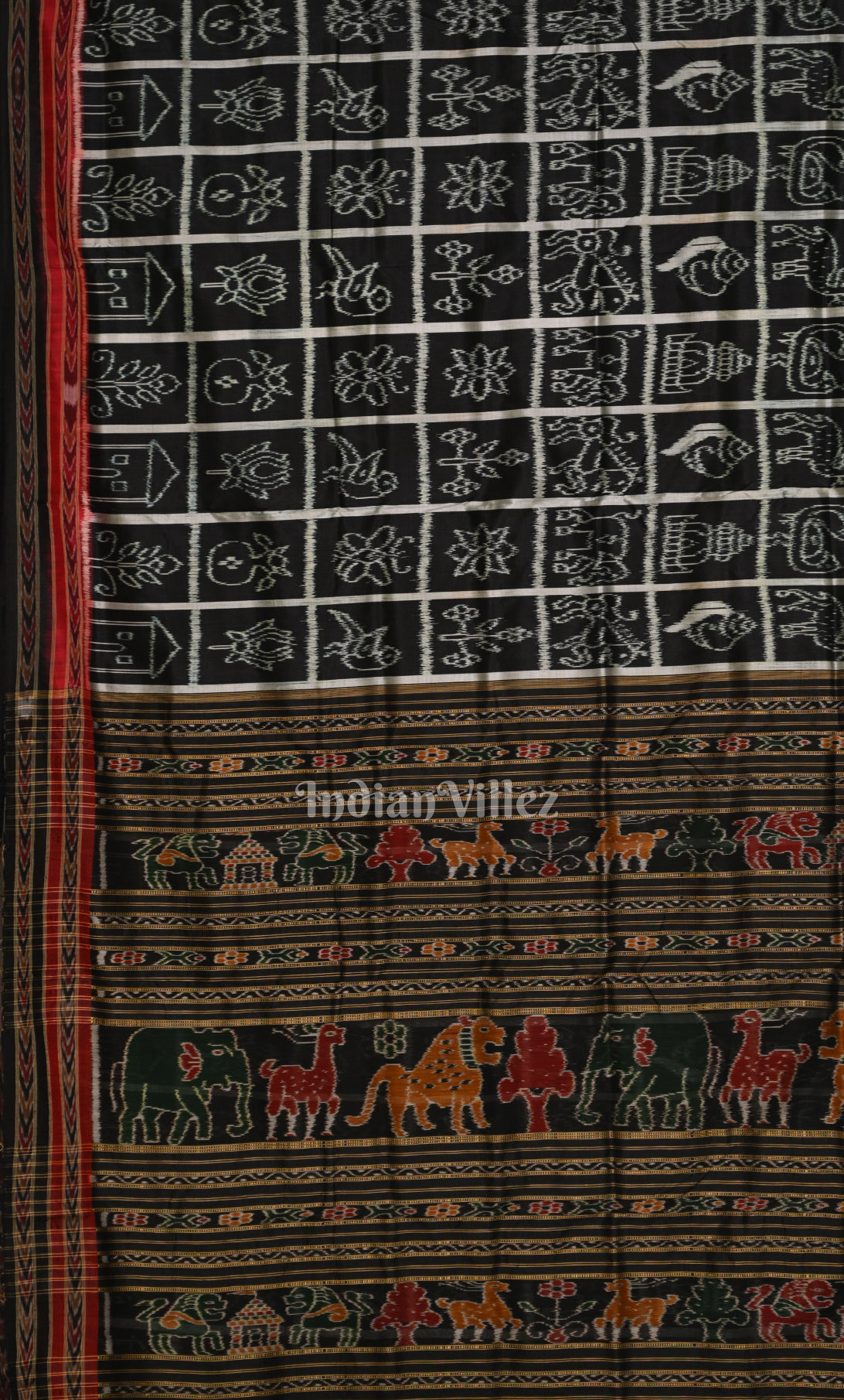 Black Nabakothi Odisha Ikat Khandua Silk  Saree with Jungle Anchal