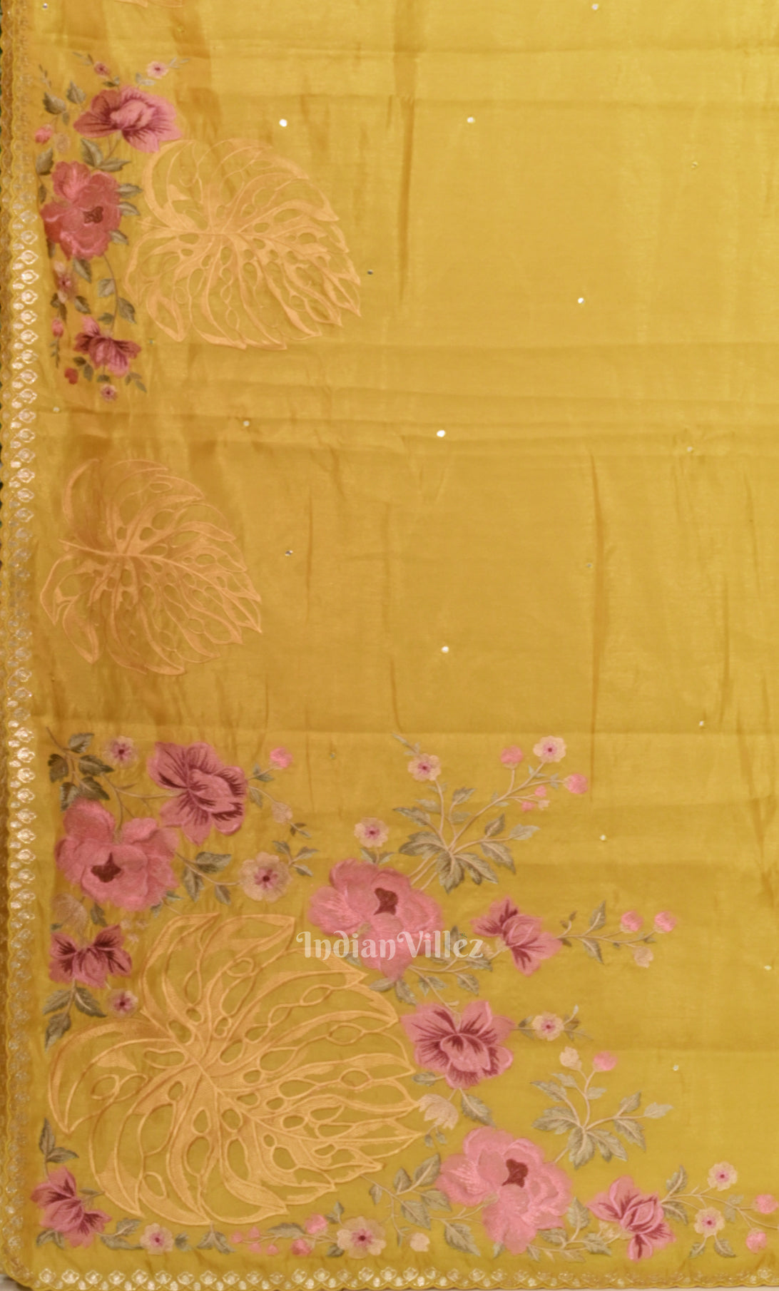 Yellow Mirror Tussar Silk Saree With Floral Hand Embroidery