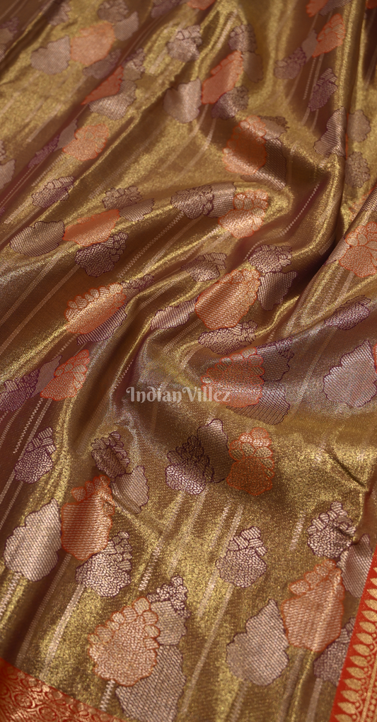Brown Golden Floral Pure Kanjivaram Silk Saree 