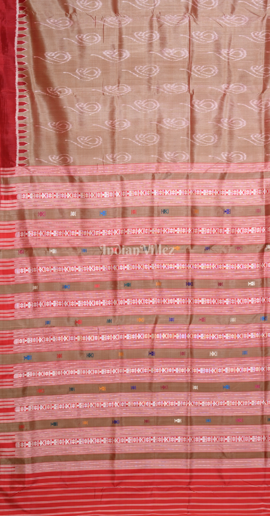 Beige Red Paisley Odisha Ikat Contemporary Designer Saree with Siminoi Anchal