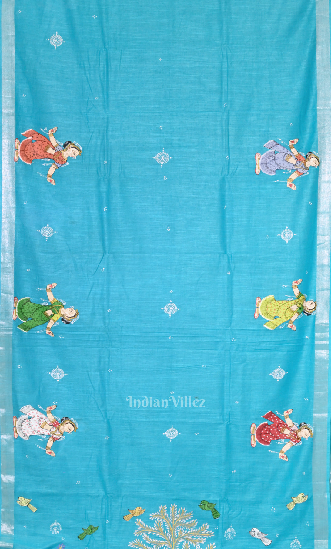  Sky Blue Radha Krishna Raasleela Hand-Painted Pattachitra Saree