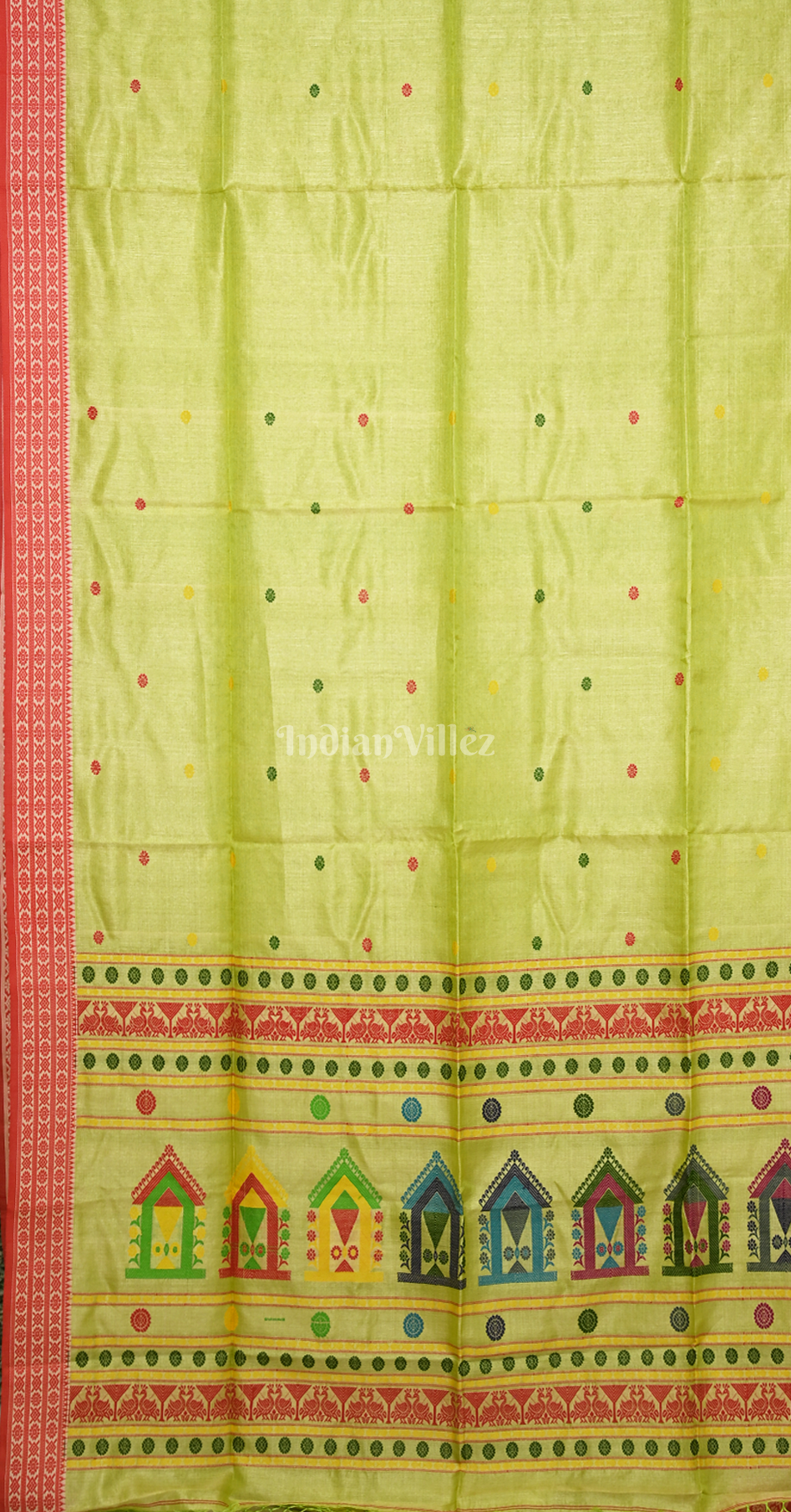 Lime Green Red Buti Design Tussar Silk Jamdani Saree 