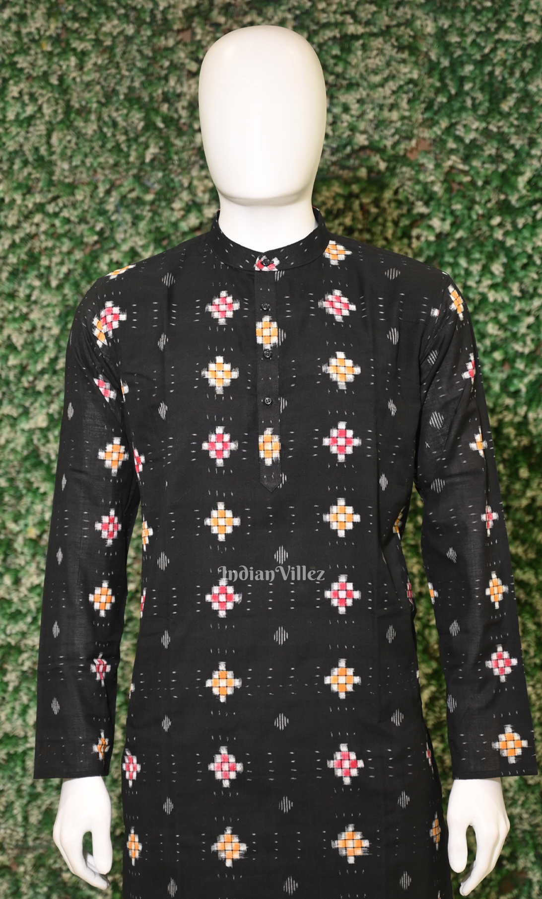 Black Pasapali Odisha Ikat Sambalpuri Cotton Kurta For Men