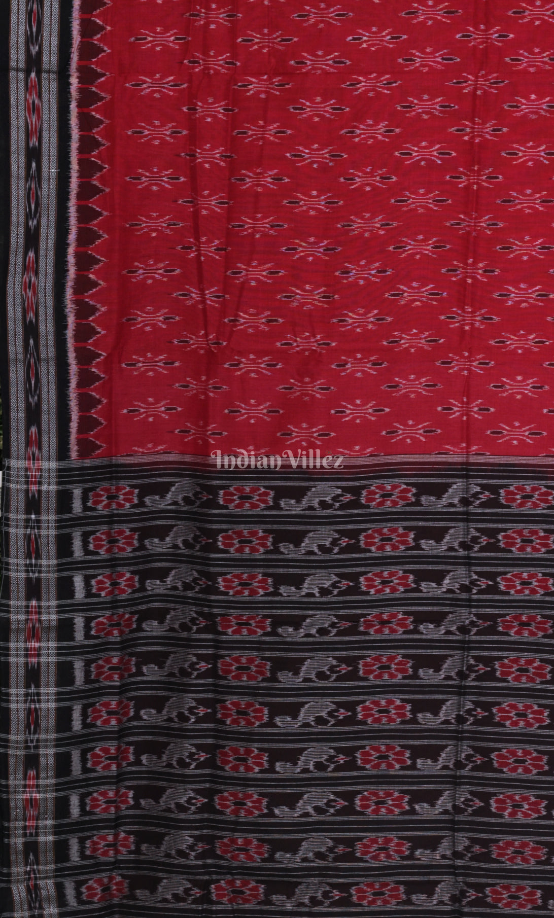 Red Black Odisha Ikat Maniabandha Cotton Saree 
