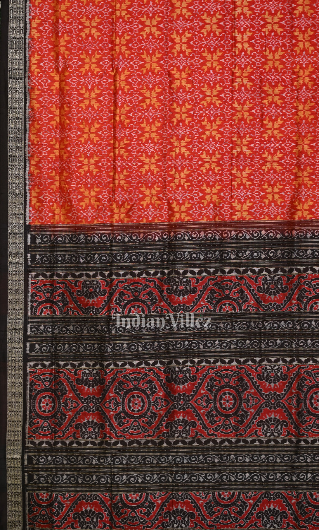 Red Black Flower Motif Odisha Ikat Sambalpuri Silk Saree 