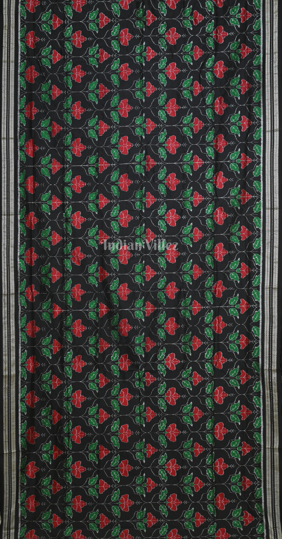 Black Red Mandar Flower Motif Odisha Ikat Sambalpuri Silk Saree 
