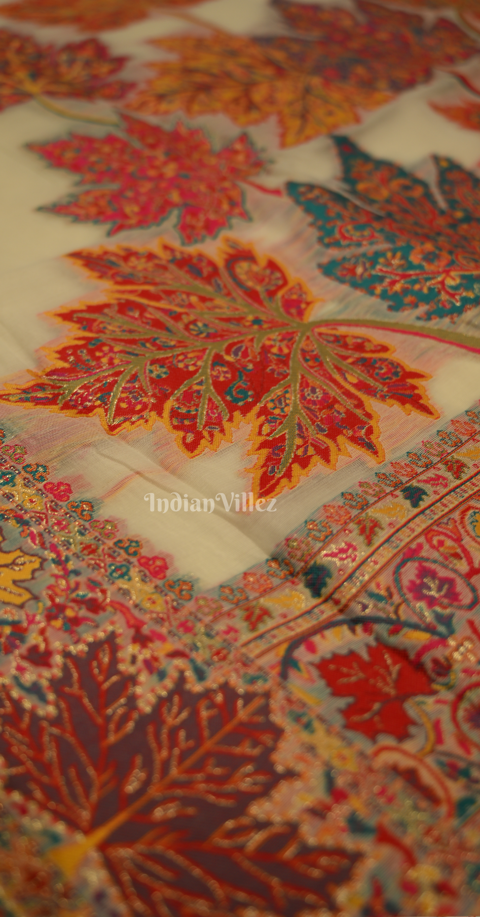  Off White Tree of Life Pure Kashmiri Cotton Pashmina Saree