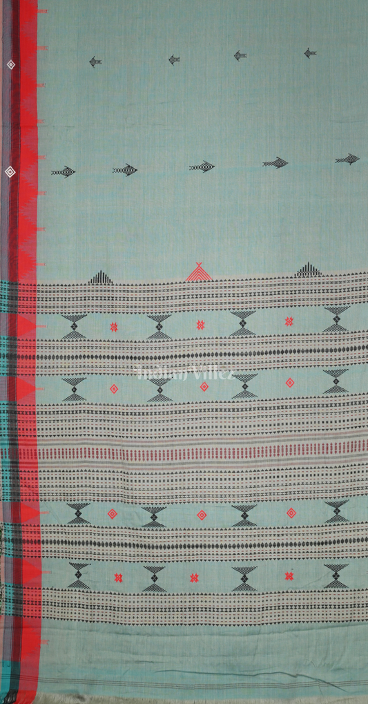 Cyan Green Odisha Handloom Natural Dye Kotpad Cotton Saree