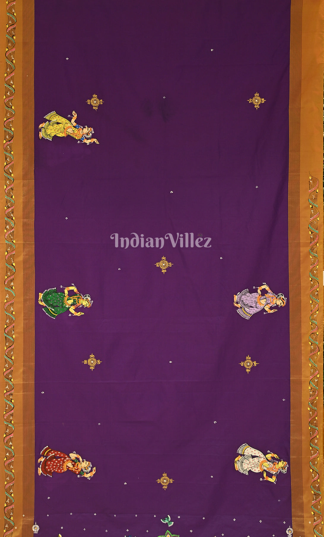 Purple Olive Green Krishna Raasleela Hand-Painted Pattachitra Saree 