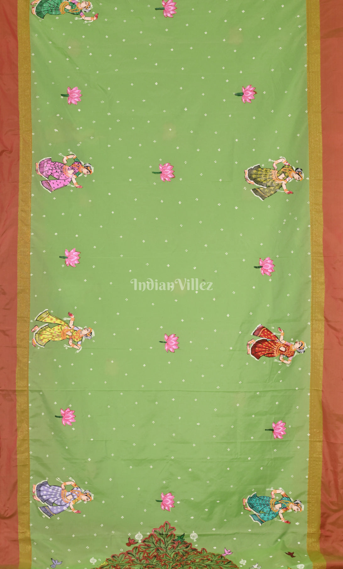 Parrot Green Raasleela Hand-Painted Pattachitra Saree