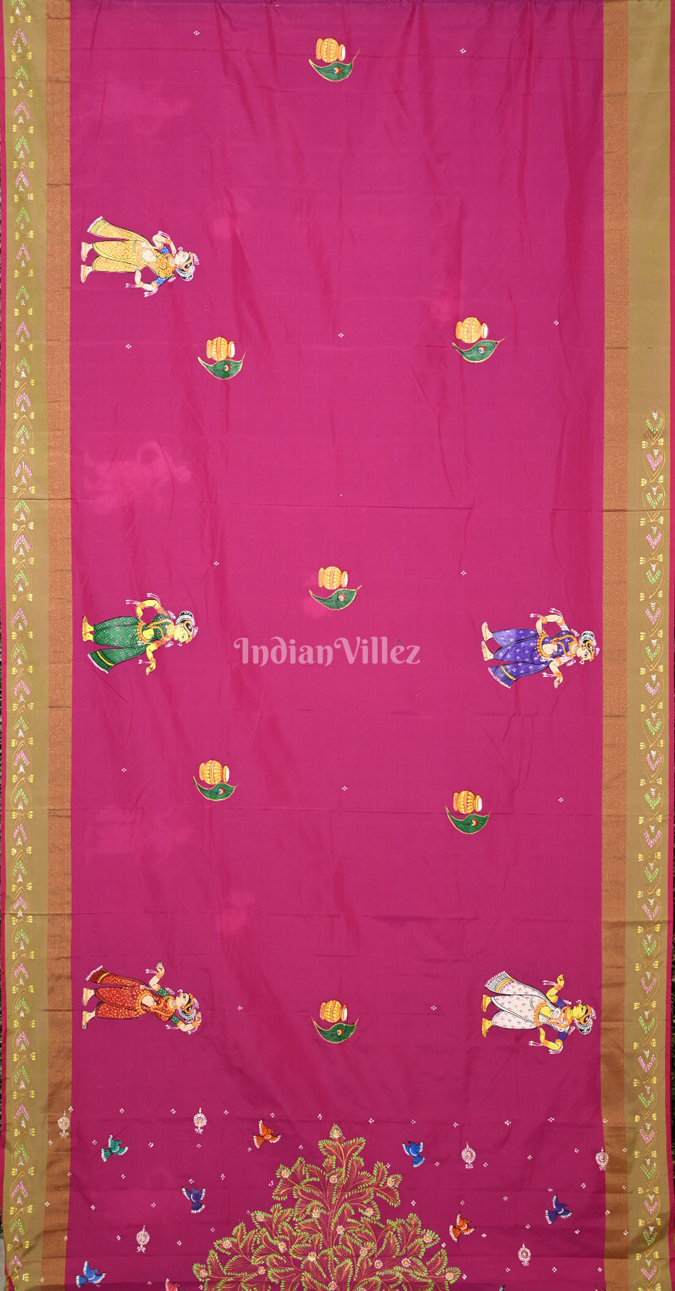 Rani Pink Krishna Raas Leela Hand-Painted Pattachitra Saree