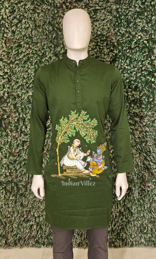 Mehendi Green Washing Sudama Feet Hand-Painted Pattachitra Kurta 