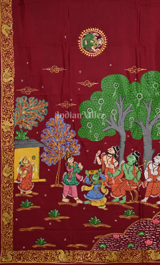 Maroon Ramayana Theme Hand-Painted Pattachitra Saree
