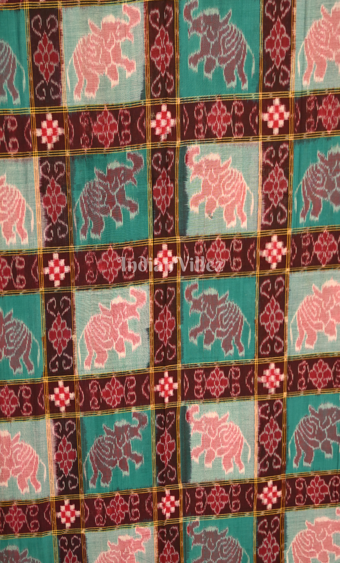 Coffee Green Elephant Theme Odisha Ikat Sambalpuri Dress Set & Dupatta 
