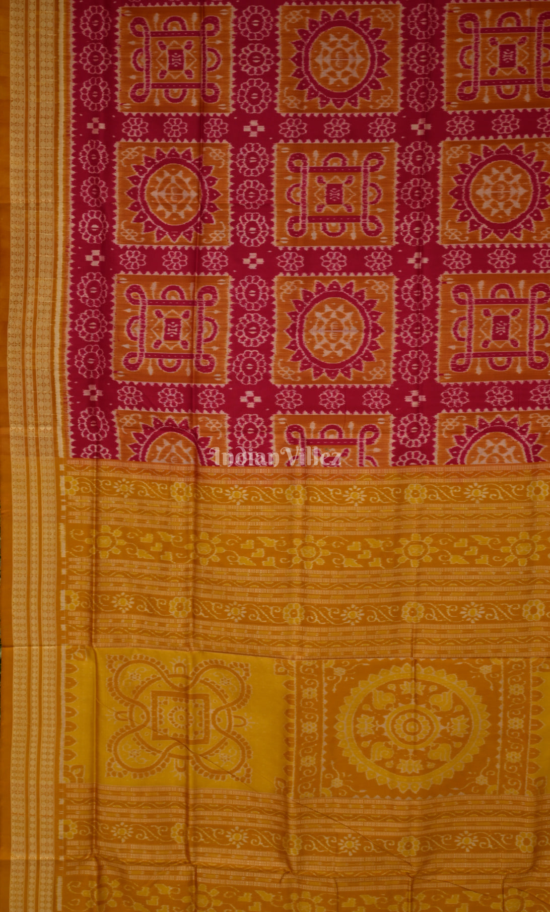 Rani Pink Mustard Yellow Jhoti Motif Odisha Ikat Sambalpuri Silk Saree 