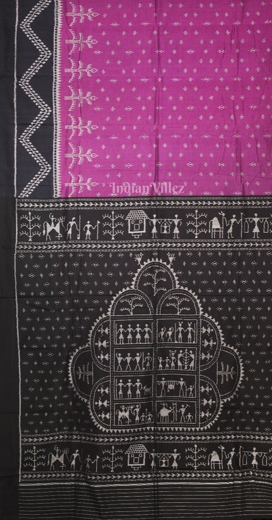 Pink Black Tribal Theme Odisha Ikat Sambalpuri Cotton Saree 