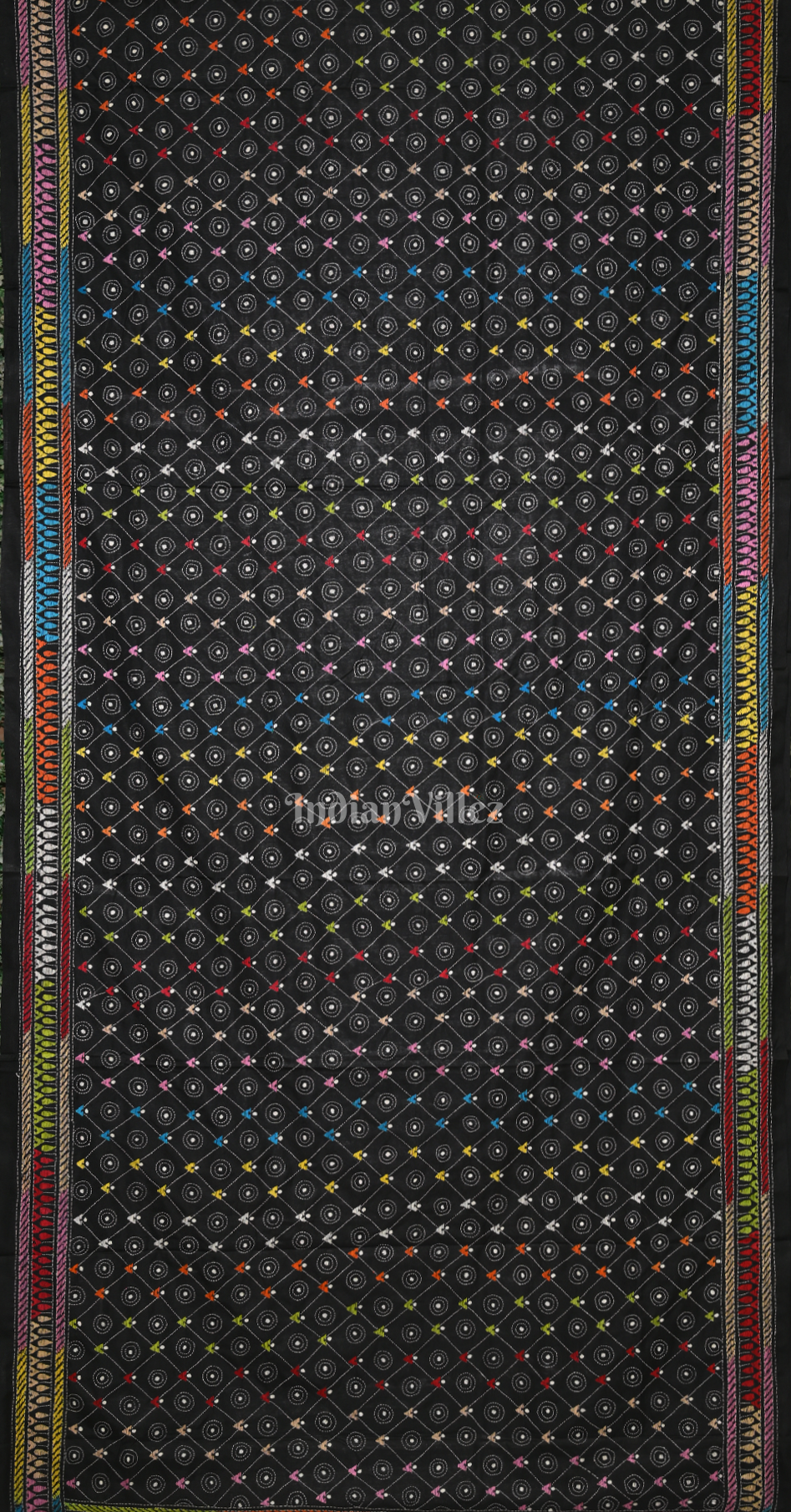 Black Handwoven Kantha Stitch Silk Saree