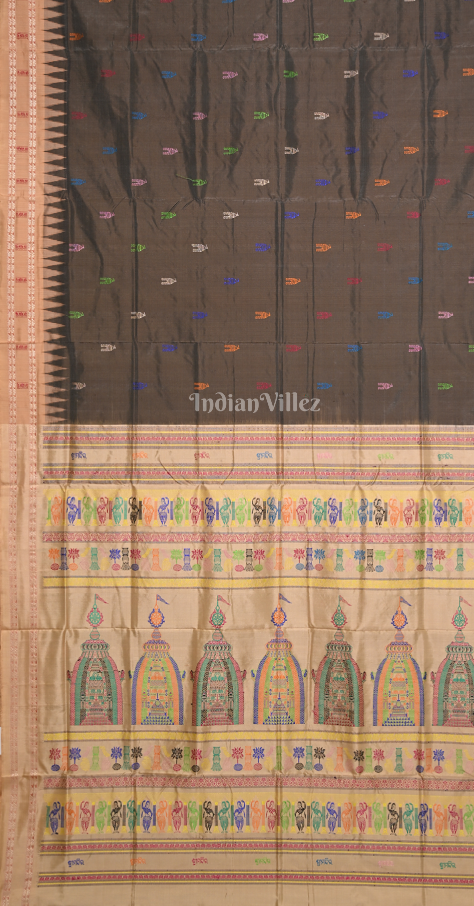 Brown Beige Shree Mandir Theme Bomkai Sambalpuri Ikat Silk Saree