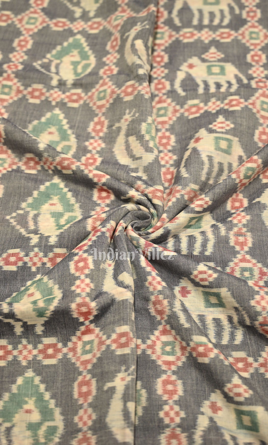 Grey  Jungle Theme Odisha Ikat Sambalpuri Cotton Fabric 