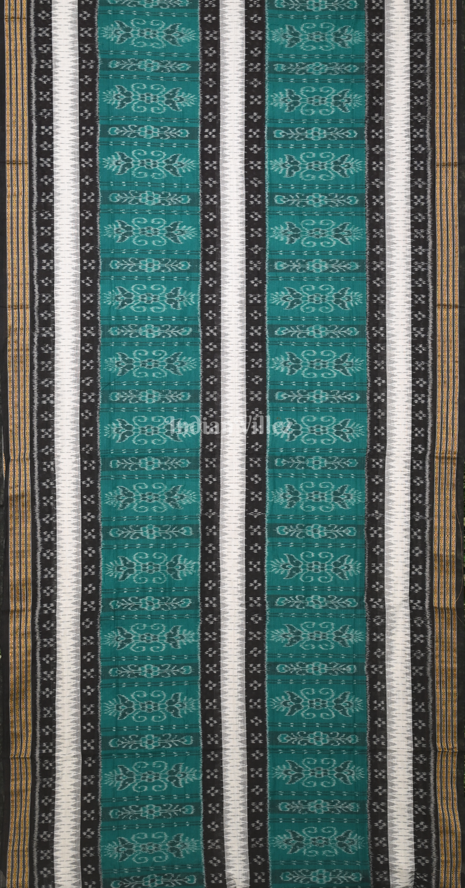 Sea Green Black Odisha Ikat Sambalpuri Cotton Saree with Double Pasapali Border