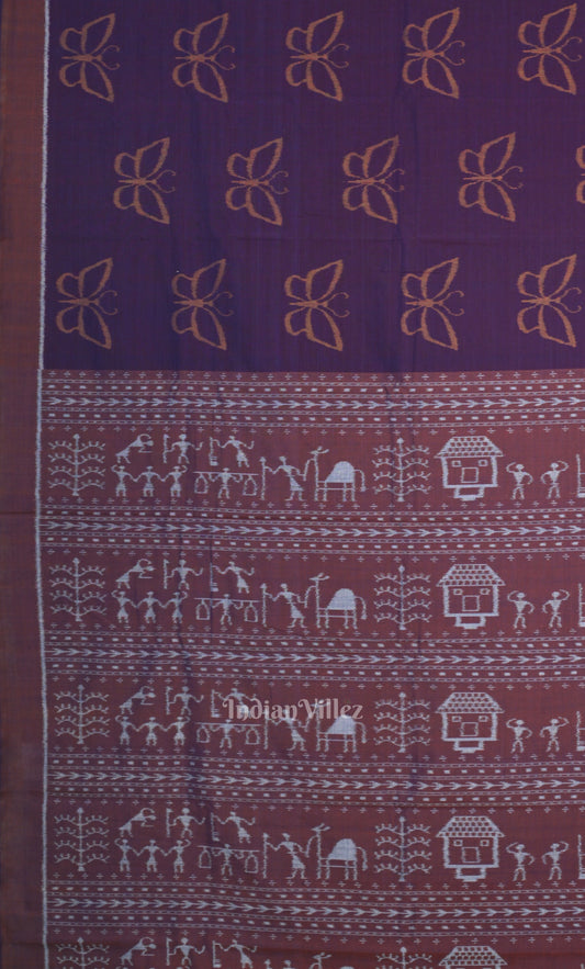 Purple Maroon Butterfly Theme Odisha Ikat Sambalpuri Cotton Saree with Tribal Anchal