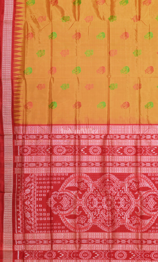 Mustard Yellow Red Odisha Ikat  Bomkai Sambalpuri Silk Saree 