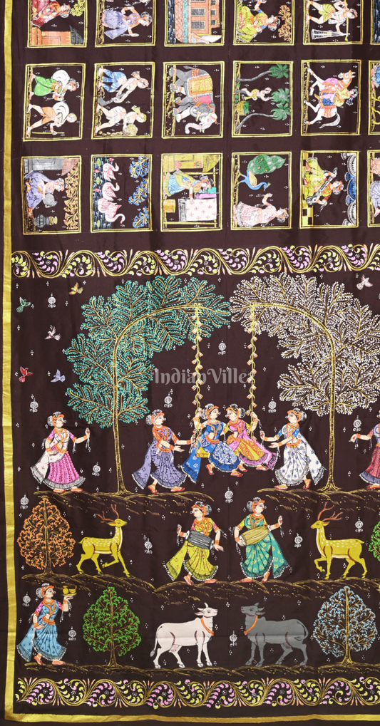 Coffee Village Theme Hand- Painted Pattachitra Saree