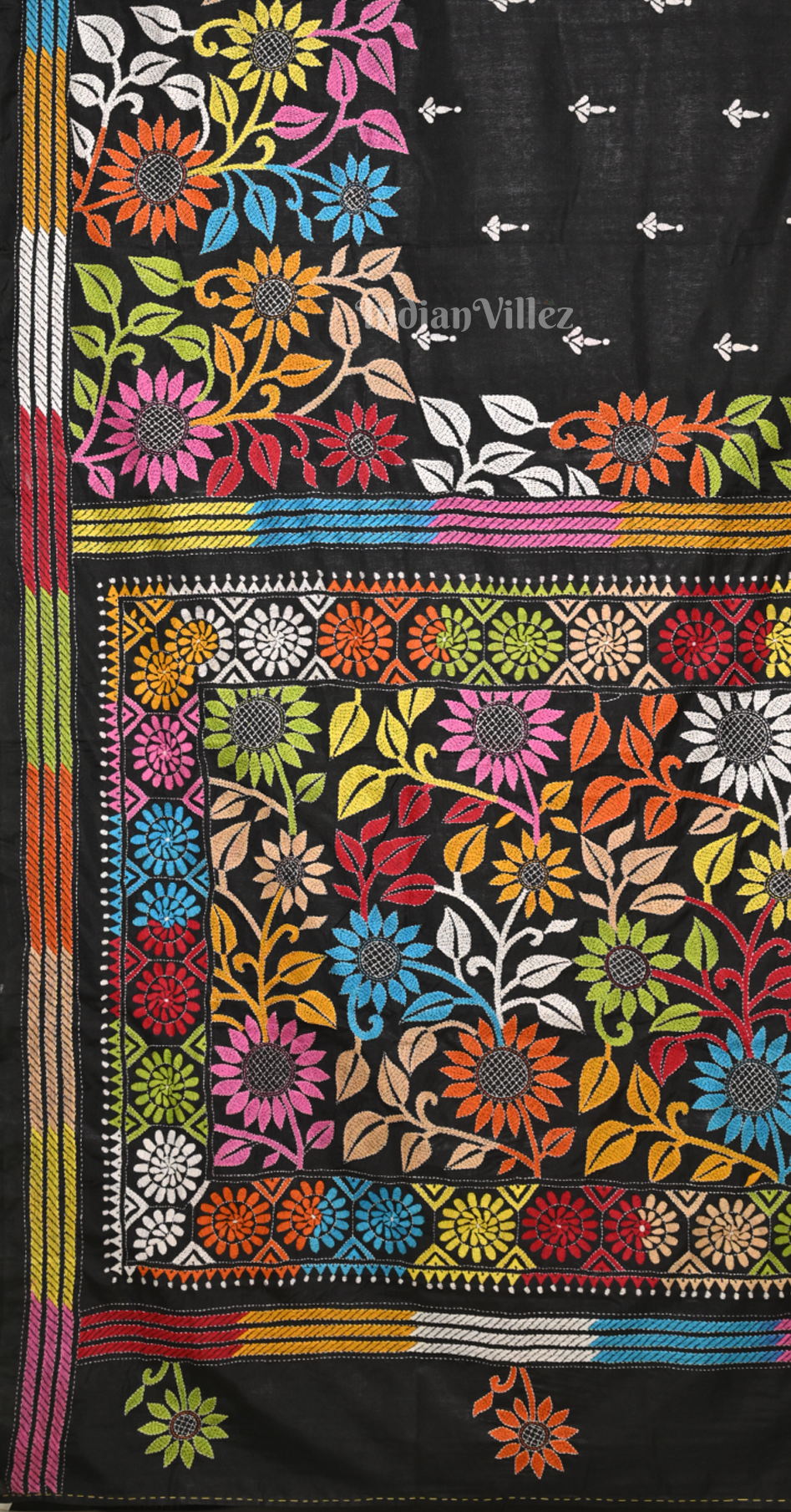 Black Floral Handwoven Kantha Stitch Silk Saree