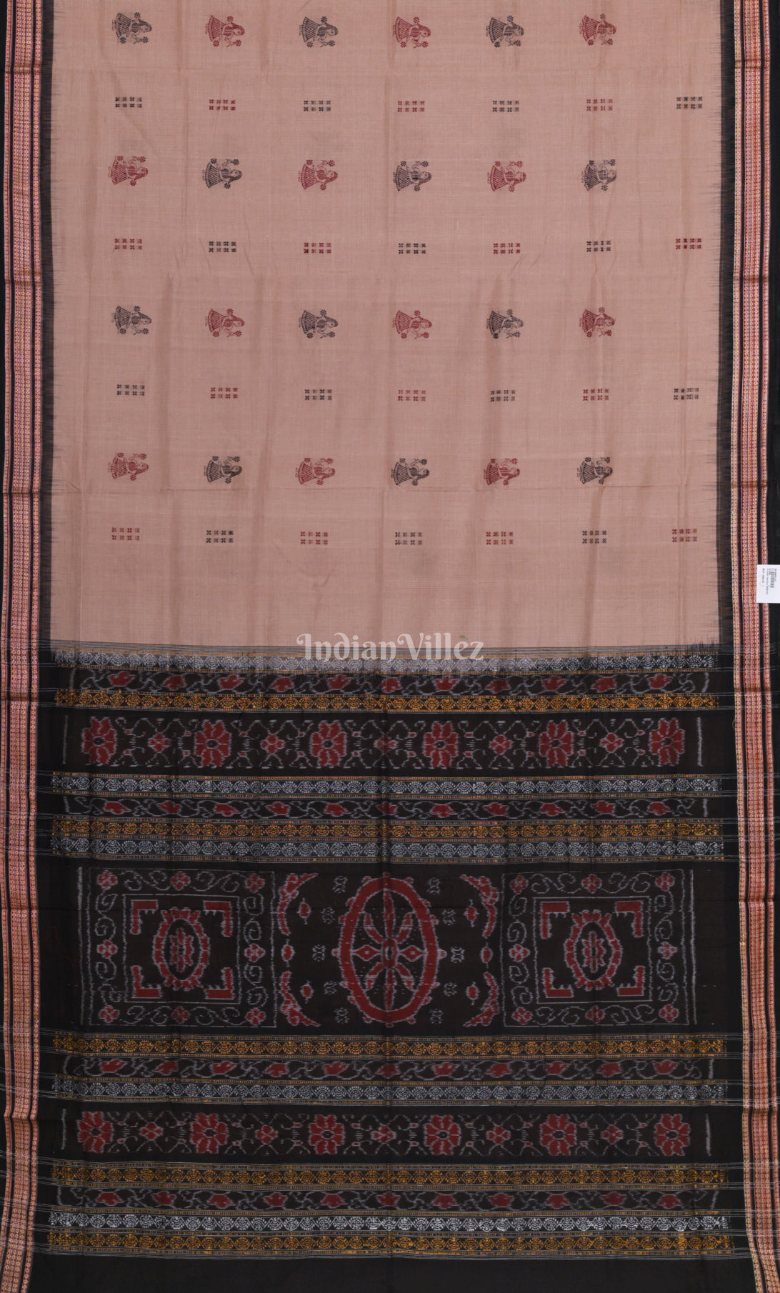 Pastel Beige Black Doll Theme Odisha Ikat Bomkai Cotton Saree 