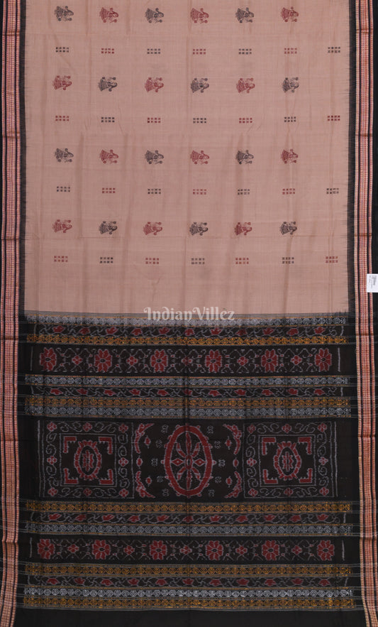 Pastel Beige Black Doll Theme Odisha Ikat Bomkai Cotton Saree 