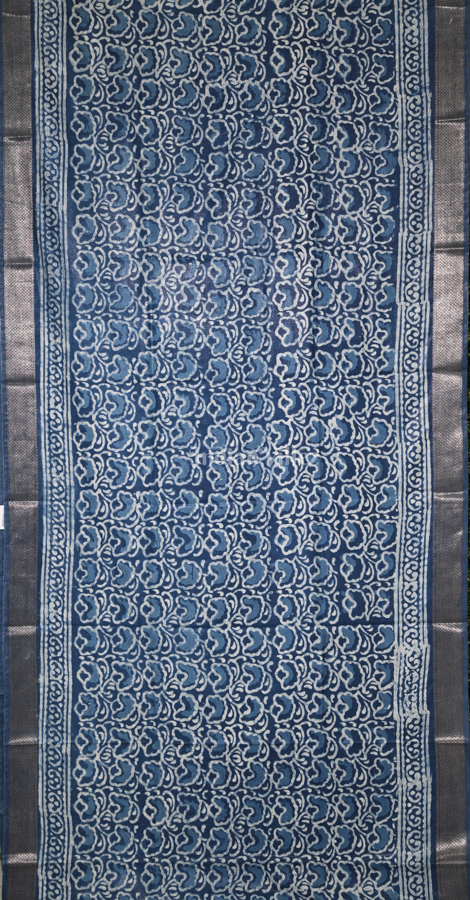 Blue Block Printed Dabu Cotton Saree 