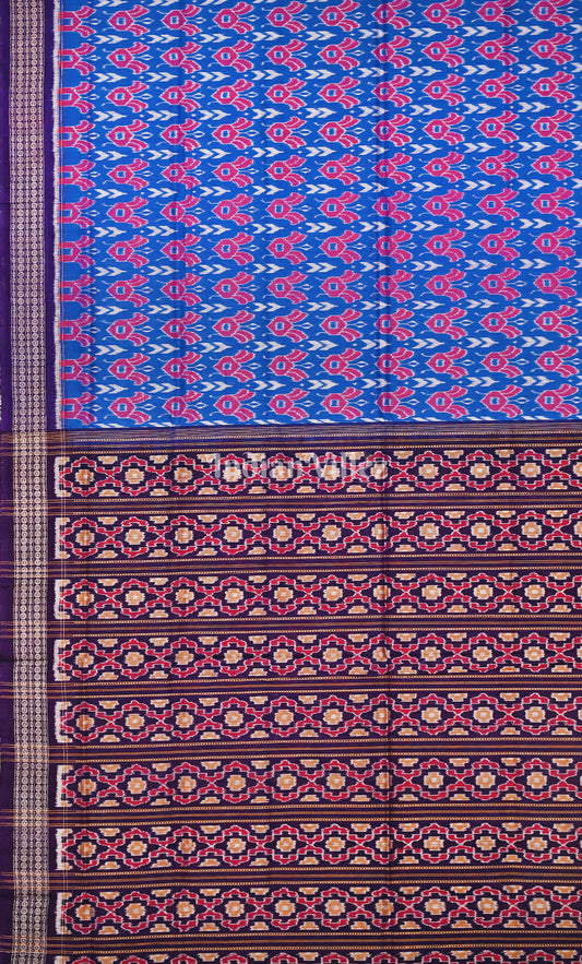Blue Purple Flower Motif Odisha Ikat Sambalpuri Cotton Saree 