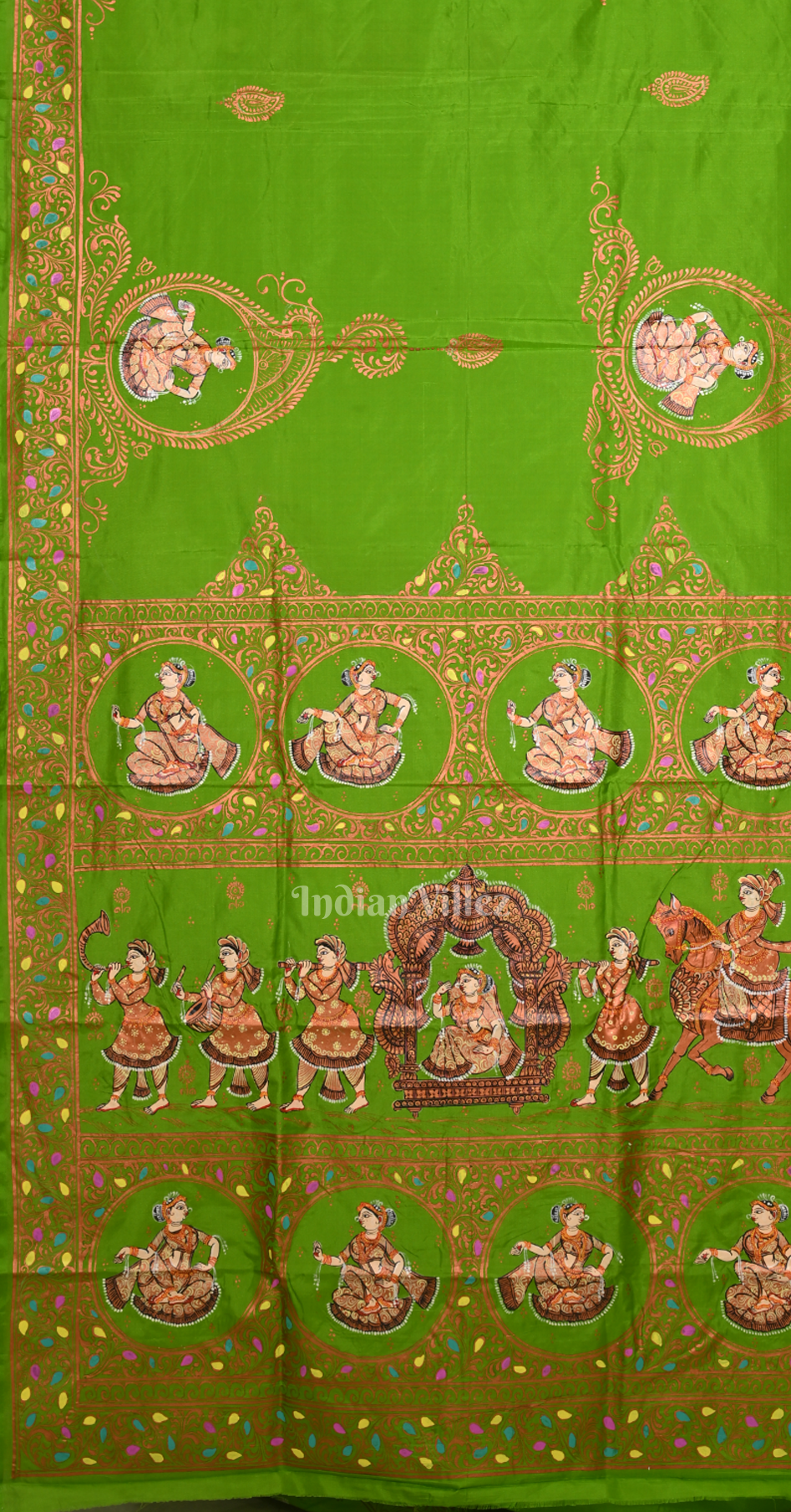 Parrot Green Doli Barat Hand-Painted Pattachitra Saree