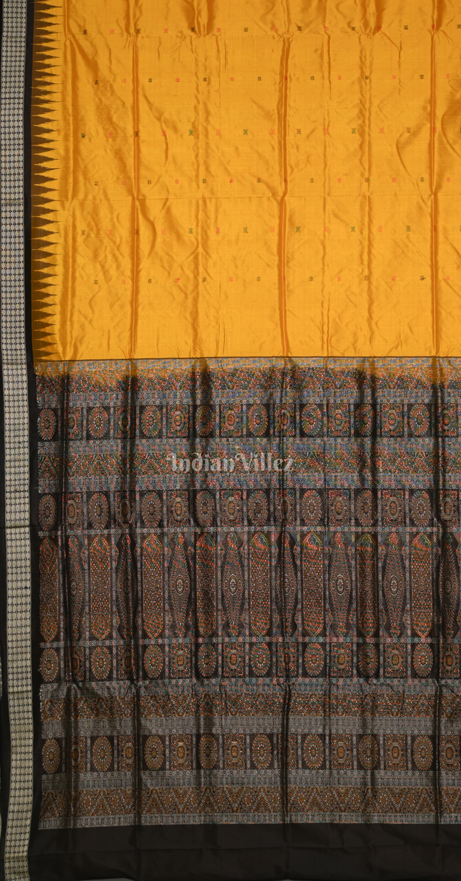 Mustard Yellow Black Tribal Theme Odisha Ikat Bomkai Sambalpuri Silk Saree