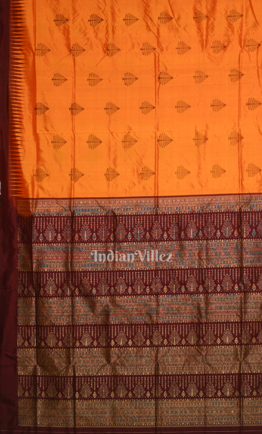 Orange Coffee Tree Motif Odisha Ikat Contemporary Designer Silk Saree