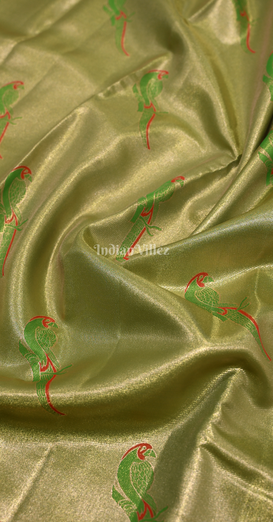 Mehendi Green Dual Tone Parrot Motif Kanjivaram Tissue Silk Saree