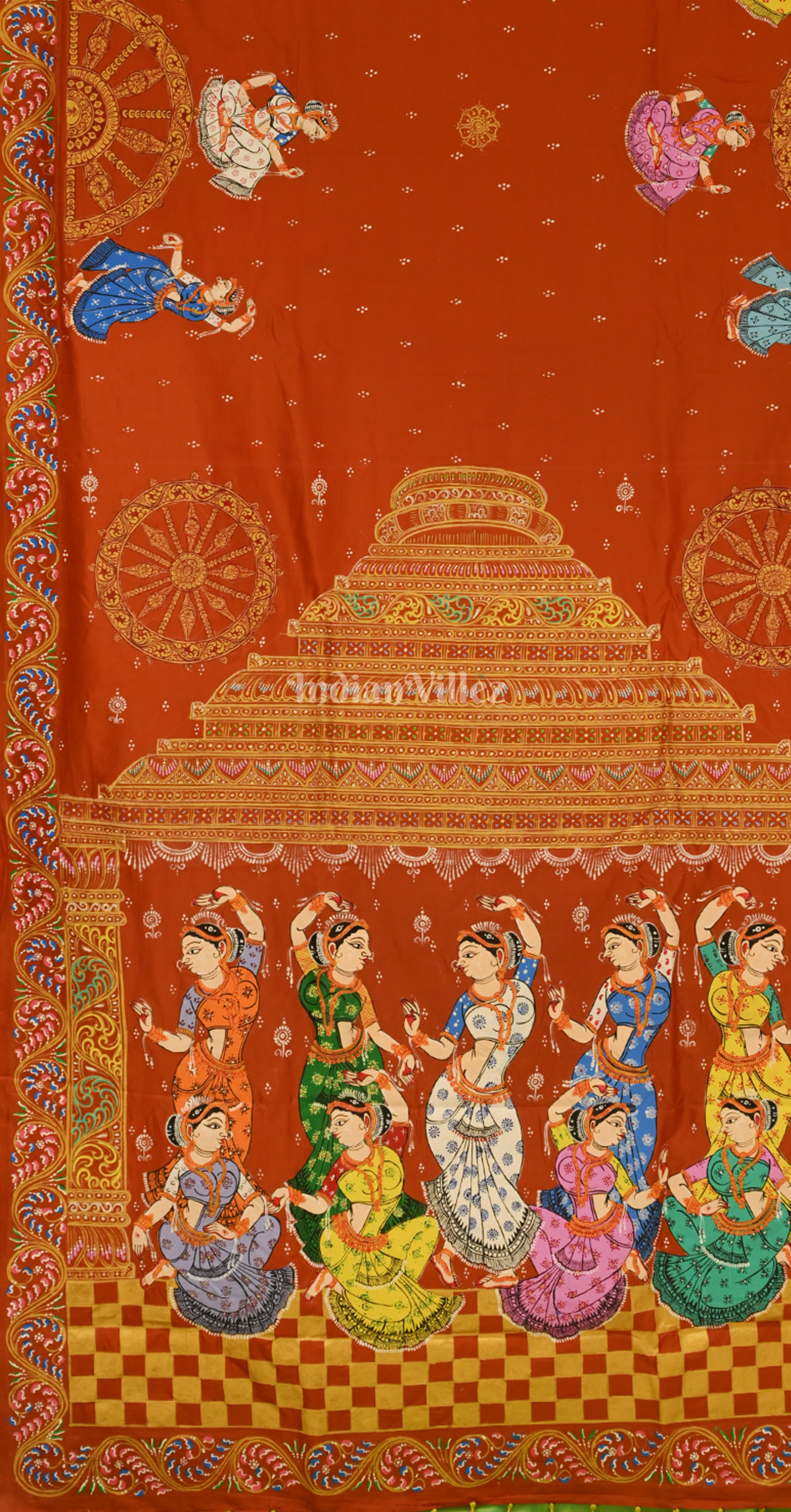 Green Rust Orange Nartaki Konark Temple Hand-Painted Pattachitra Saree