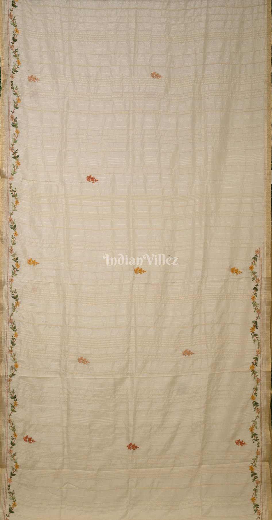 Off White Tussar Silk Saree with Floral Embroidery Work