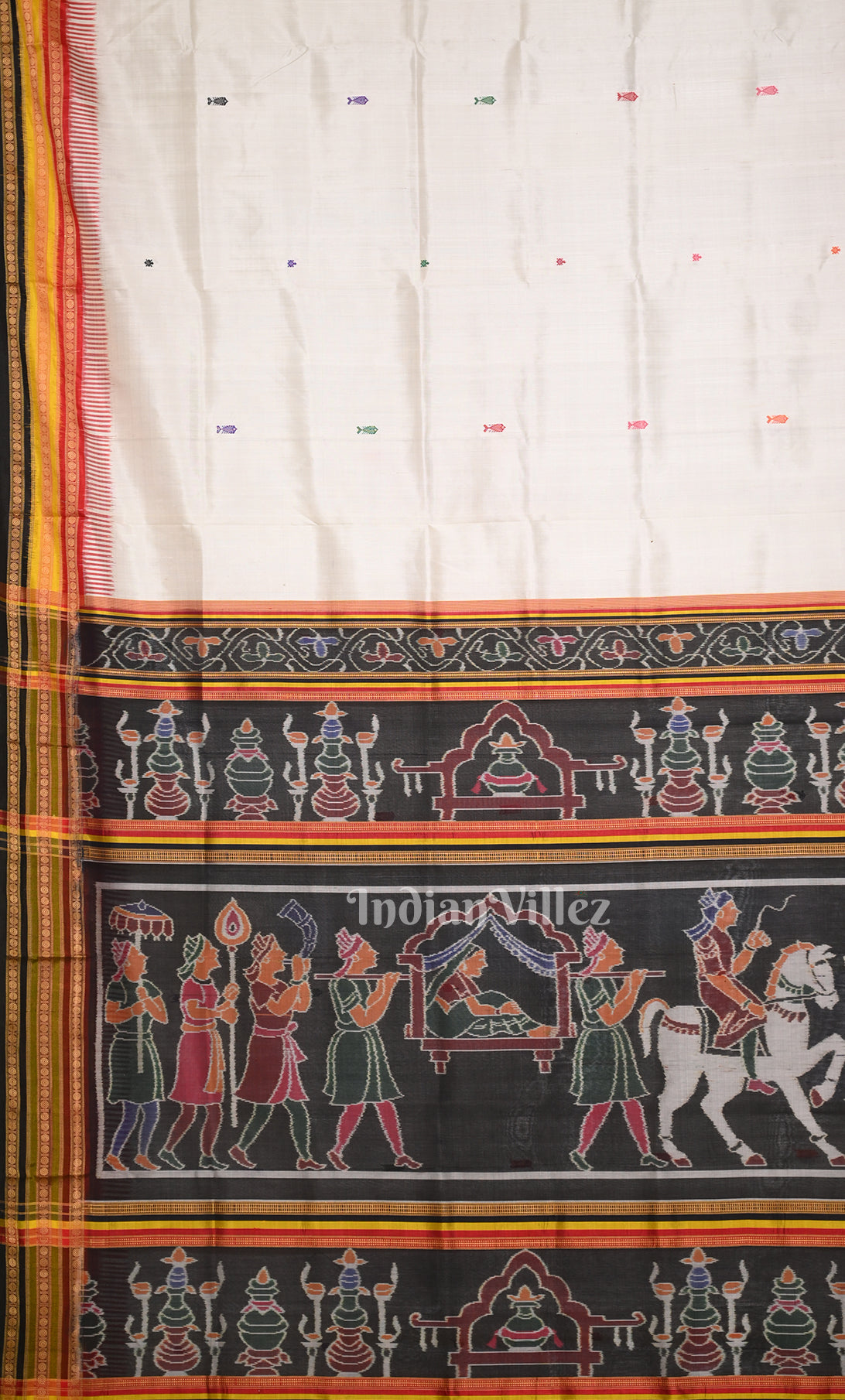 White Black Fish Motif Kathiphera Odisha Ikat Khandua Silk Saree with Doli Barat Anchal