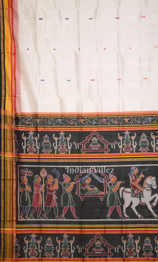 White Black Fish Motif Kathiphera Odisha Ikat Khandua Silk Saree with Doli Barat Anchal