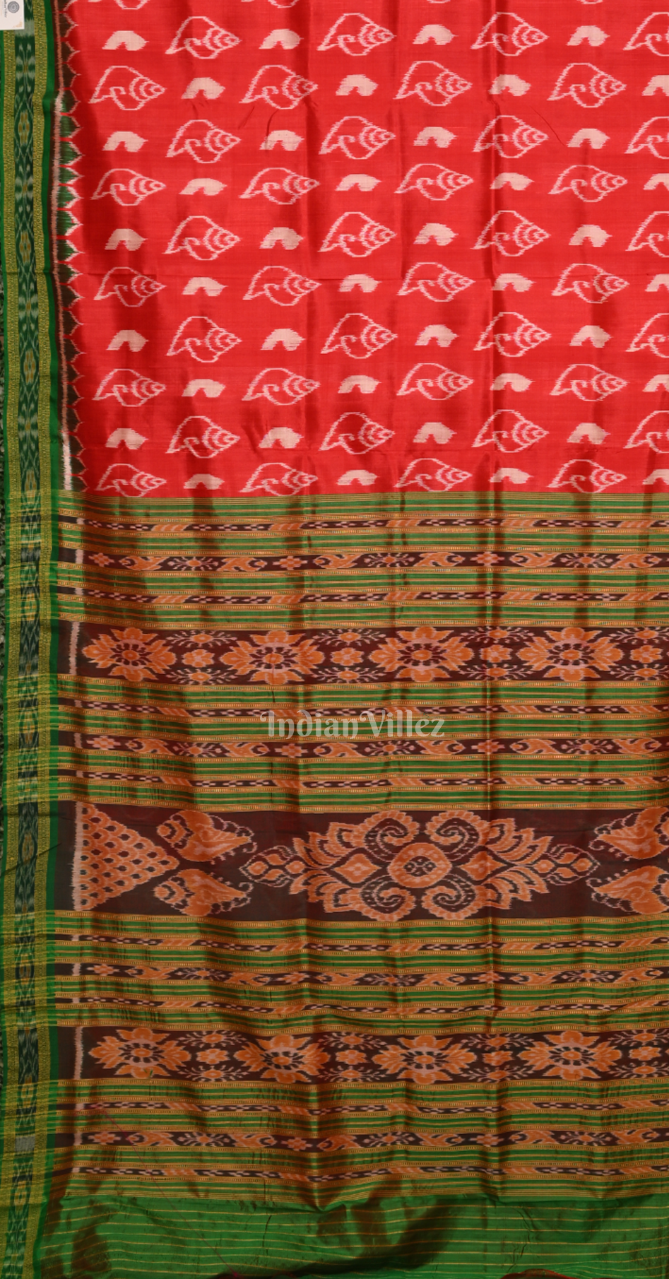 Red Green Sankha Motif Odisha Ikat Khandua Silk Saree 