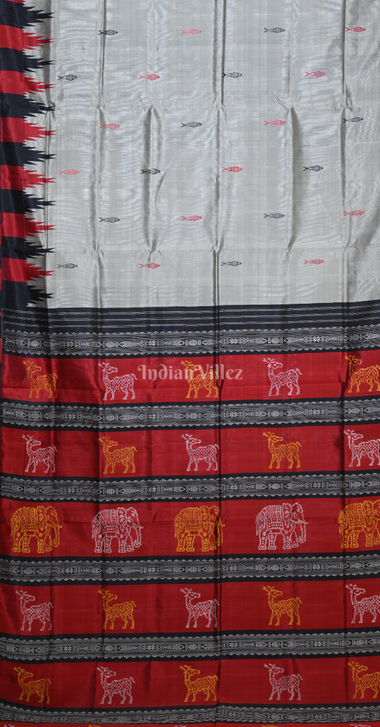Cement Grey Red Fish Motif Double Pallu Berhampuri Silk Saree