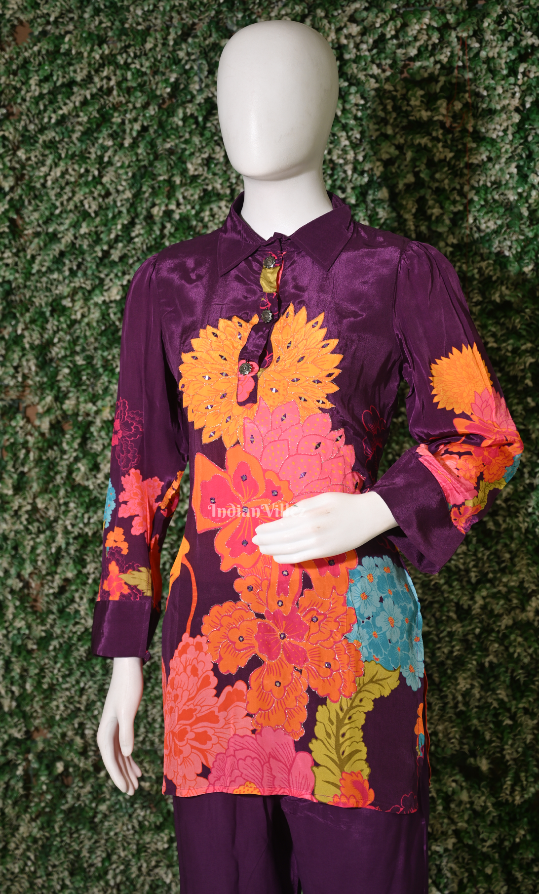 Purple Floral Printed Kurta & Pant Set-(Co-Ords Set) 