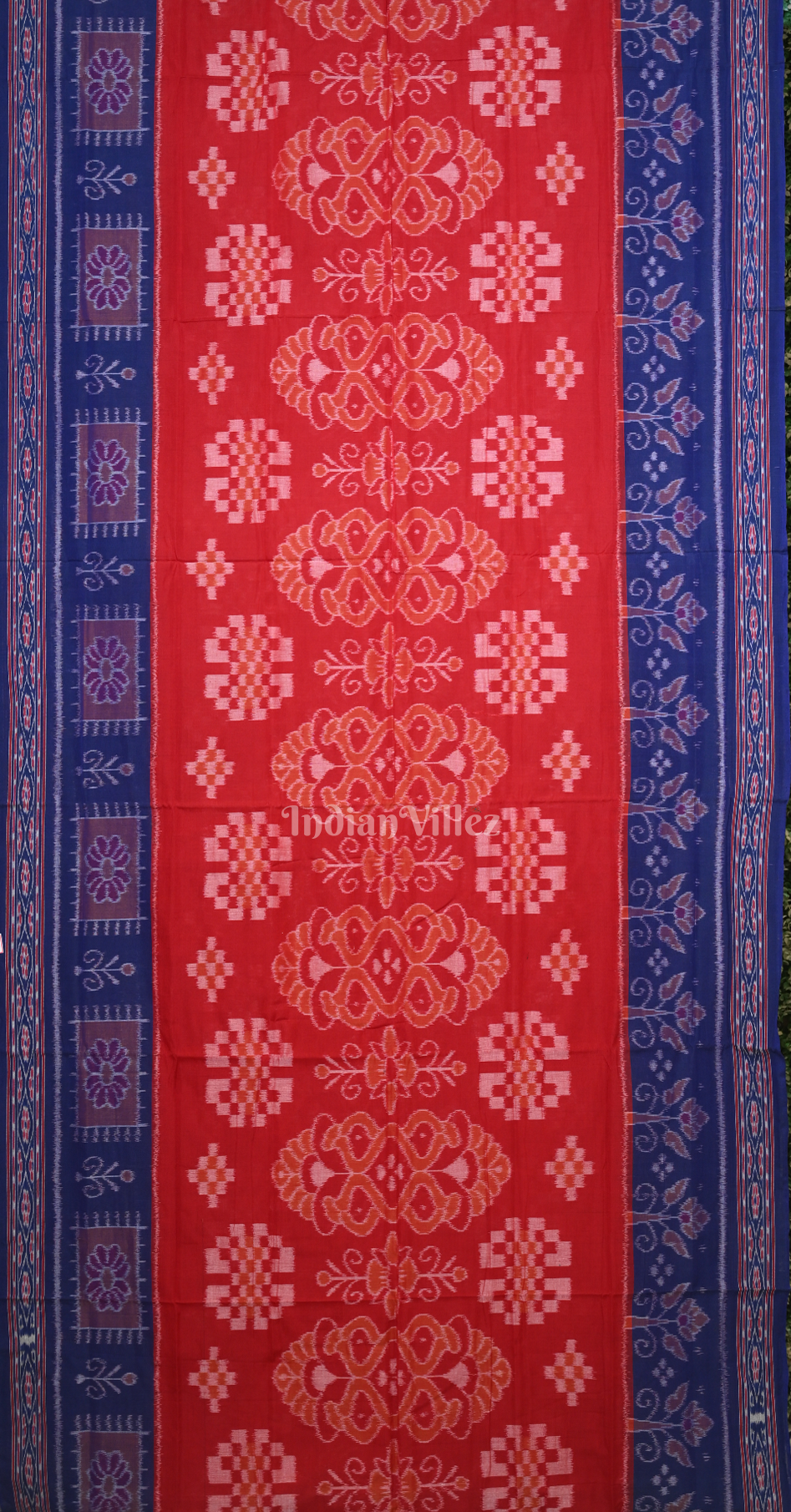 Red Blue Flower Scot Odisha Ikat Sambalpuri Cotton Saree 